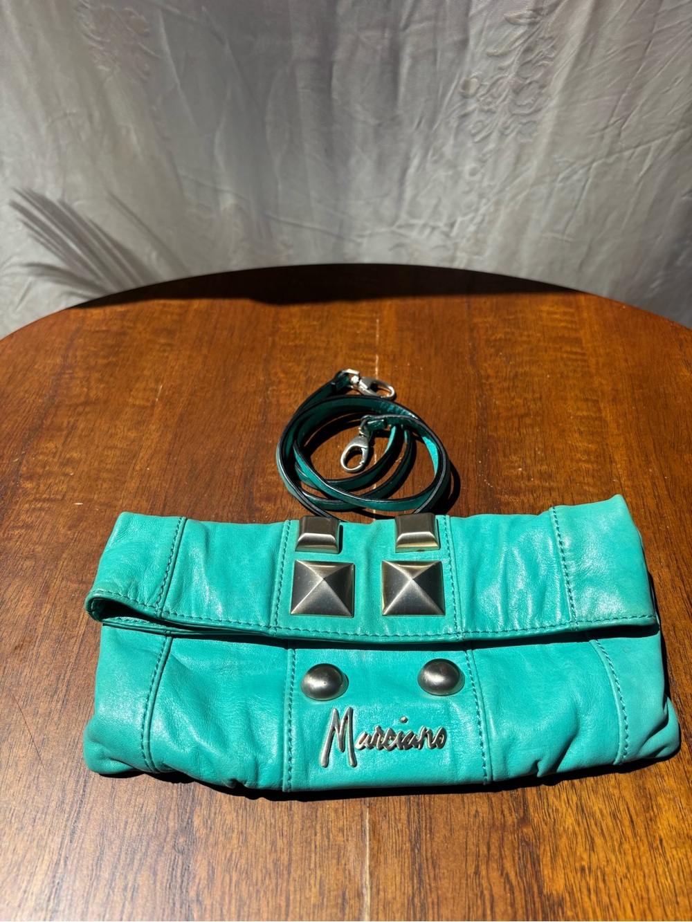 Marciano by Guess Vintage Studded Turquoise Leather Clutch with Detachable Strap